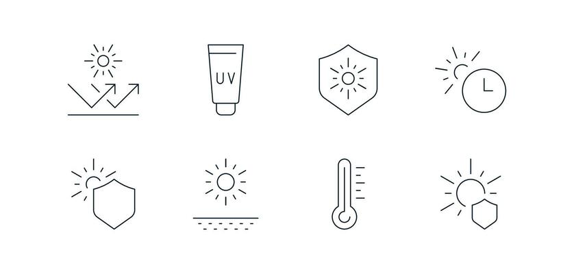 Set of sun protection and UV care icons, including sunscreen lotion, SPF shield, sunlight reflection, skin health, UV rays, hydration, and linear minimalist style.