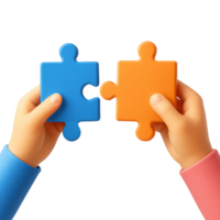 Two hands holding a blue and orange puzzle piece about to connect in a transparent background png