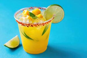 Refreshing mango cocktail garnished with lime and chili powder on vibrant blue background photo
