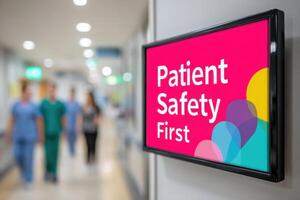 Sign displaying Patient Safety First in a hospital corridor, with blurred healthcare professionals in scrubs walking in the background, emphasizing importance of safety in medical environments photo