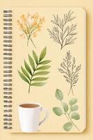 Botanical sketchbook with a cup of tea showing tropical leaves and flowers photo