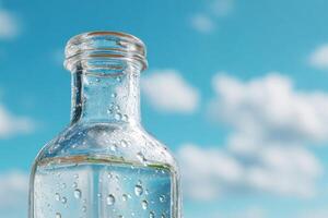 Clear glass bottle filled with water, showcasing droplets on the surface, against a bright blue sky with fluffy clouds, creating a refreshing and vibrant atmosphere photo