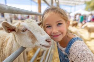 Smiling girl petting a goat at OC Fair petting zoo photo