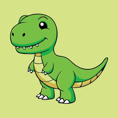 A cartoon green dinosaur is standing and smiling on a light green backdrop, transparent background