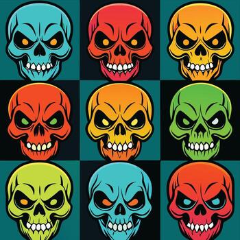 A colorful skull collection shows varied hues and styles, creating a bold, eyecatching pattern vector