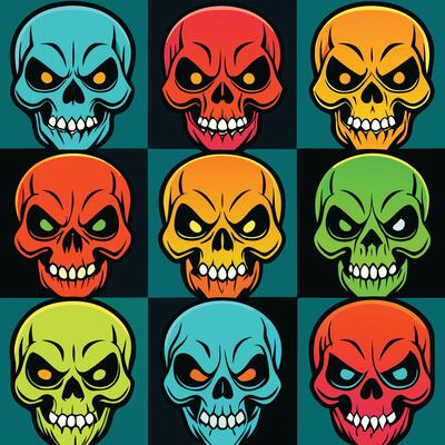 A colorful skull collection shows varied hues and styles, creating a bold, eyecatching pattern
