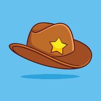 A cartoon cowboy hat in brown color displays a golden star over blue background vector