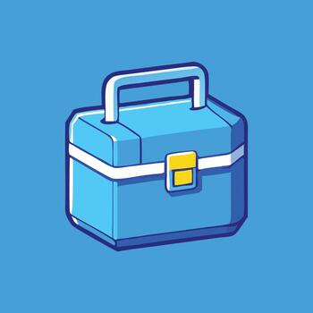 A blue cartoonish toolbox with a handle is displayed against a solid blue background vector