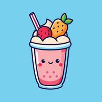 A cute cartoon smoothie with strawberry, carrot, and a straw sits happily vector