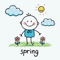 Smiling Stick Figure Standing in a Spring with Clouds Sun Grass and Flowers vector