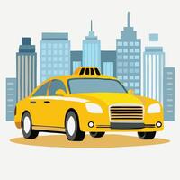A bright yellow taxi cab is depicted against a backdrop of blue buildings vector