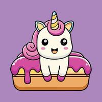 A charming unicorn sits on a doughnut, with a cheerful expression, against a purple backdrop vector