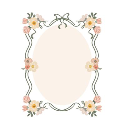 Decorative frame with floral pattern, made in soft colors and decorated with simple ribbon. Flat illustration on white background