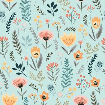 Seamless botanical pattern with abstract multicolored flowers on a blue background. Flat illustration. vector