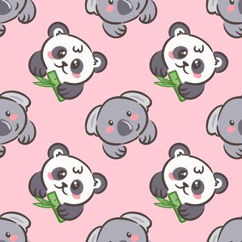 illustration features a charming seamless pattern of cute pandas and koalas against a soft pink background. Perfect for children s products, it adds a playful and joyful touch to any design. vector