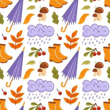 This playful autumn pattern features colorful umbrellas, bright vibrant leaves, and whimsical rain boots, celebrating the joy of the season and adding a cheerful touch to any design project. vector