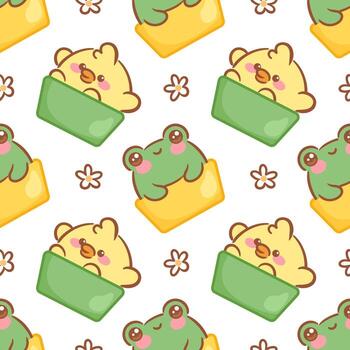 playful illustration features a charming seamless pattern of cute animals, including a duck and a frog, nestled in colorful squares with cheerful expressions. Perfect for children s decor and products vector
