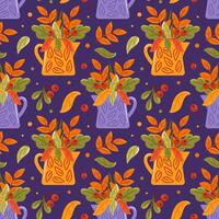Floral pattern with jugs and leaves vector