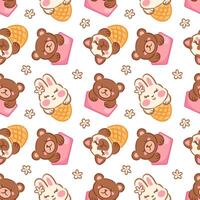illustration showcases a playful seamless pattern featuring adorable bears and a bunny enjoying ice cream cones. The cute characters, along with flowers, create a cheerful and whimsical vibe. vector