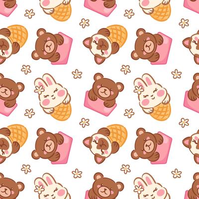 illustration showcases a playful seamless pattern featuring adorable bears and a bunny enjoying ice cream cones. The cute characters, along with flowers, create a cheerful and whimsical vibe.