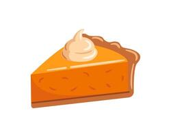 A delicious slice of pumpkin pie topped with creamy whipped cream. The illustration showcases a golden-brown crust and a vibrant orange filling, perfect for autumn-themed designs and dessert lovers. vector