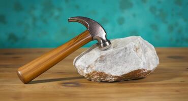 A hammer and a rock on a table photo