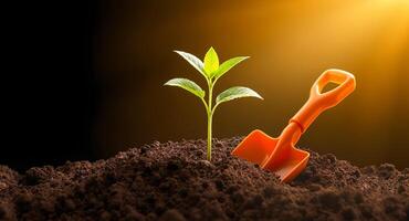 A young plant growing in the soil with a shovel photo