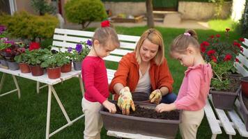 Gardening fun with children in a colorful backyard setting video