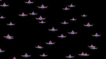 Abstract animated pattern of colorful stylized airplanes flying towards the viewer on a black background, creating a vibrant and dynamic visual loop.multi colored airplanes on a dark backdrop, perfect video