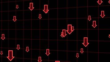 Abstract Animation Red Downward Arrows Falling on Digital Grid Background, Market Downturn Red Declining Arrows on Grid. Representing Decline, Loss, or Data Decrease, Negative Growth Red Falling video
