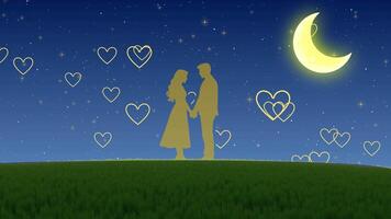 Romantic Night Scene Silhouette Couple on Hill Under Starry Sky with Crescent Moon and Floating Golden Hearts Peaceful Love Background Animation, Love Story Man and Woman Under Starry Sky.Dreamy Rom video