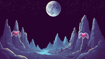 Moonlit Fantasy Winged Hearts Soar Through a Mystical Mountain Landscape Under a Starry Night Sky, Enchanted Valley Moonlit Peaks Romantic Symbols Serene Fantasy, Enchanted Valley Moonlit Peaks video