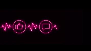 Dynamic Neon Pink Social Media Engagement Icons Like, Comment, Share with Pulsing Heartbeat Line on Black Background video