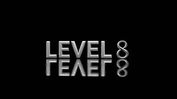 Level 8 Metallic 3D Text Title Card with Reflection on Black Background, Game Level 8 Silver 3D Text with Reflection.Achieved Level Eight Metallic Progress Indicator. Next Stage Gaming Success, Level video