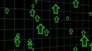 Abstract Digital Growth Background Seamless Animation of Green Glowing Upward Arrows Moving on a Dark Grid Representing Progress and Data Increase,Market Growth Green Ascending Arrows on Grid. Economi video