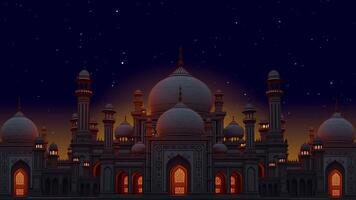 Majestic Mosque Illuminated at Night Under a Starry Sky, Grand Mosque at Night Illuminated Architecture under Starry Sky, Majestic Islamic Temple Night Scene with Glowing Windows Spirituality, Bea video
