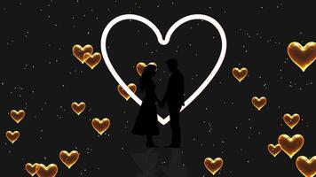 Romantic Animated Background Silhouette Couple Holding Hands Inside Glowing Heart Outline with Sparkling Particles and Floating Golden Hearts on a Dark Background, Romantic Couple Silhouette under Glo video