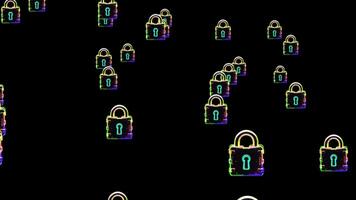 Animated Background Loop Featuring Glowing Neon Digital Locks Falling, Symbolizing Cyber Security, Data Protection, And Digital Privacy.neon-outlined Padlocks Floating On A Black Background video