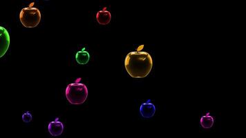 Vibrant, glossy apples in various colors red, green, orange, purple, blue floating or falling against a pure black background. An abstract, colorful animation loop.apples on a dark backdrop, natural video