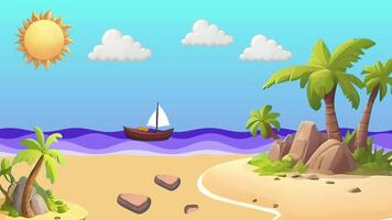 Animated Submarine Journey Cartoon Submarine Cruising Across Wavy Ocean Surface Under Sunny Sky with Clouds in Simple Animation, Cartoon tropical beach scene with sun,clouds, palm trees, and boat video