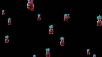 Vibrant Rainbow Pineapples Falling Abstract Psychedelic Motion Background, Vibrant, tropical pineapples in neon colors on a black background,Abstract pattern of colorful digital pineapples,artistic video