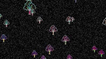 Abstract Digital Art Animation Colorful Stylized Trees with Glowing Outlines and Falling Snow Effect on Black Background, Abstract neon trees on a textured black background, perfect for nature video