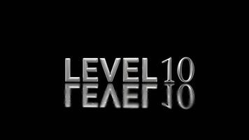 Level 10 Game Progression Screen with Metallic Text and Reflection, Game Level 10 Silver 3D Text on Black Background. Final Stage Progress and Success, Level Ten Symbol. Achievement Unlocked Digital video