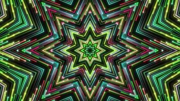 dynamisk neon stjärna kalejdoskop med vibrerande lysande rader abstrakt bakgrund slinga, bred starburst kalejdoskop vibrerande ljus ränder geometrisk former, abstrakt neon stjärna mönster full ram färgrik video