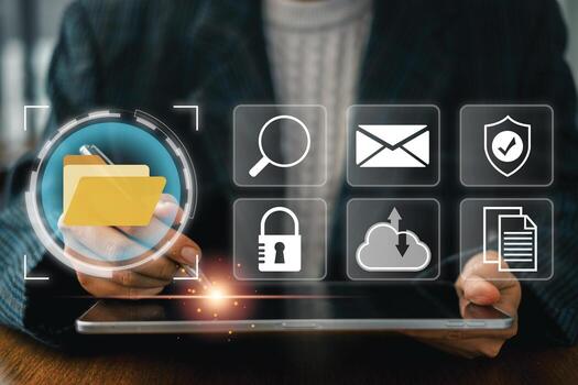 Digital management system interface with icons for security, cloud, and communication on a tablet in a business setting. photo