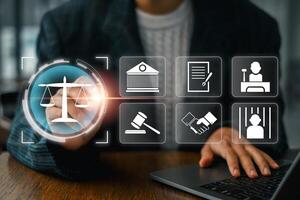 Digital interface showcasing law icons such as scales, gavel, and legal documents, symbolizing modern legal and judicial concepts. photo
