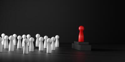 HR, success, and innovation themes. 3D leadership concept with a red wooden figure standing on a podium in front of white figures, symbolizing leadership, talent management. photo