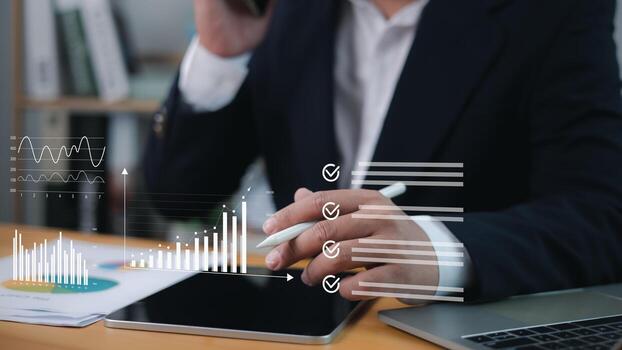 profesional analizando negocio datos en tableta con aguja mientras gerente un digital Lista de Verificación, representando mercado investigación, financiero análisis, y eficiente tarea planificación en moderno oficina. foto