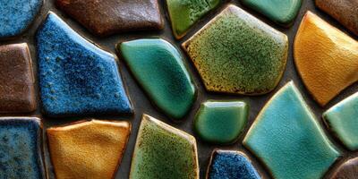 Colorful geometric mosaic tiles arranged in pattern closeup photo