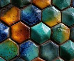 Closeup of colorful hexagonal tiles on a wall in Portugal photo